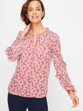 Talbots Womens L Pink Floral Smocked Shoulder Tie Neck Long Sleeve Lined Blouse